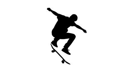 Skateboarder silhouette performing a trick on white background