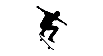 Skateboarder silhouette performing a trick on white background