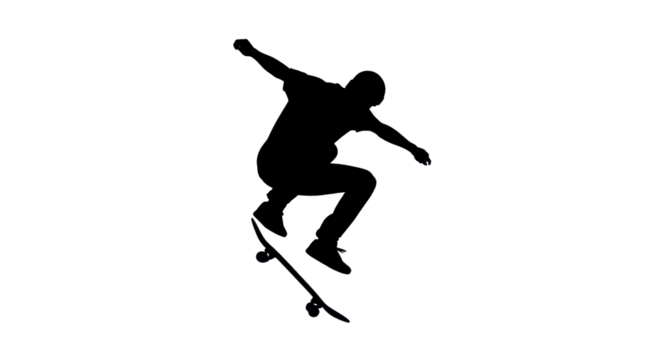 Skateboarder silhouette performing a trick on white background