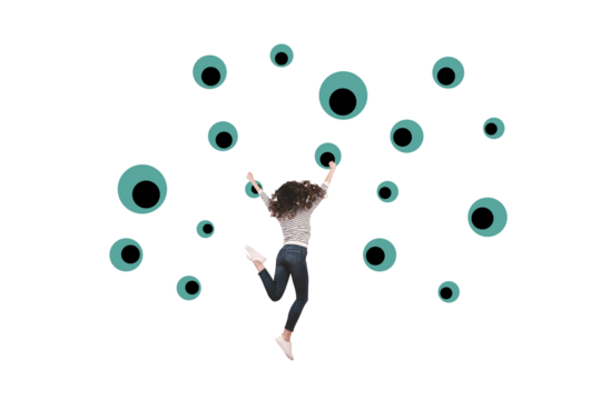 Creative collage picture young happy girl jump celebrate success eyesight vision espionage superintendence drawing background