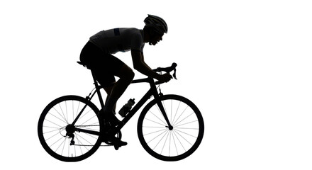 Obraz premium Cyclist silhouette on road bike, professional male athlete riding bicycle in profile, black and white sports graphic isolated on white background