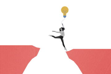 Composite photo collage of happy girl jump mountain hill hold air balloon string balloon imitation light bulb isolated on painted background