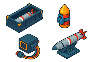 Naklejka premium Missile Storage Diagram. Isometric vector illustration set Missile Storage and Deployment: container with sealed missile, warhead