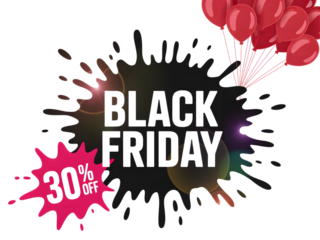 Black friday sale with 30 percent off and red balloons isolated on transparent background
