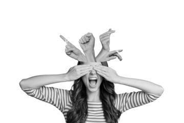 Composite artwork collage image picture of girl cover eyes arms hold string instead head isolated on creative background