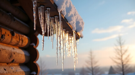 Icicles hang from a snowy wooden roof. Bright winter sun illuminates ice and timber.