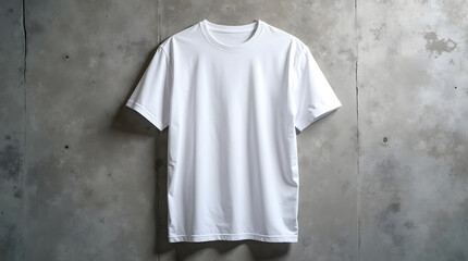 A plain white t-shirt hangs on a textured concrete wall. Simple fashion mockup.