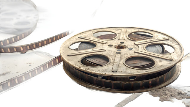 Close-up of Vintage Film Reel with Film Strip on White Background movie reel cinema
