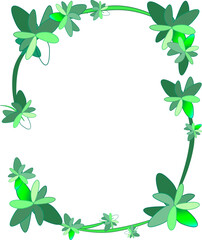 A frame or background with leaves, flowers, and twigs. A botanical decor with curls in various shades of green. Vector.