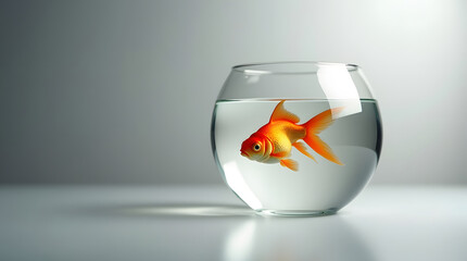 A vibrant orange goldfish swims gracefully in a clear glass fishbowl. Elegant aquatic pet close up