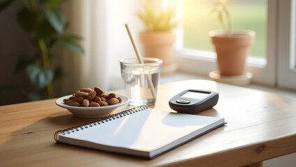 A health-conscious still life featuring essential components for diabetes management, bathed in gentle morning sunlight. It includes a glass of water, a notebook for recording, and a glucose meter.