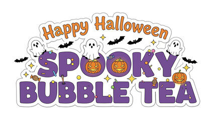 Spooky Bubble Tea Design: A festive illustration celebrates Halloween with playful lettering and spooky icons, perfect for themed promotions and events.