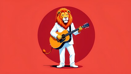 A lion in a white suit plays a guitar against a red circular background.