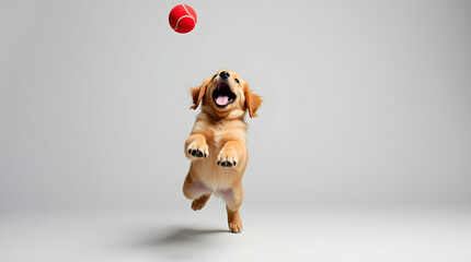 A playful golden retriever puppy jumps enthusiastically to catch a red ball. Cute pet action close up.