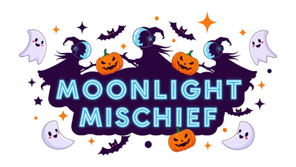 Moonlight Mischief Illustration: A whimsical scene of a crescent moon, witch, pumpkin, bat, star and ghost in the moon night background