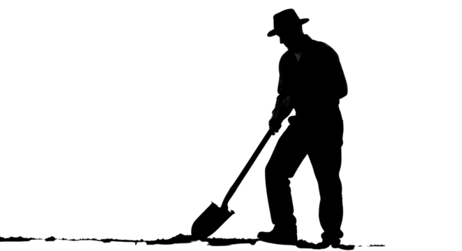 Silhouette of a man digging the earth with a shovel isolated PNG with Transparent Background - Powered by Adobe
