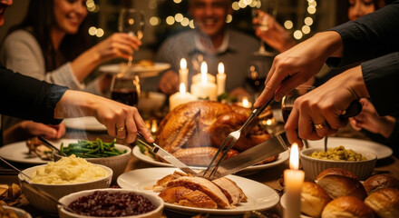 Festive dinner celebration with friends and family sharing food together