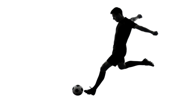 Silhouette of a soccer player kicking the ball isolated PNG with Transparent Background
