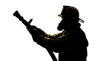 Silhouette of a firefighter holding a fire hose nozzle isolated PNG with Transparent Background