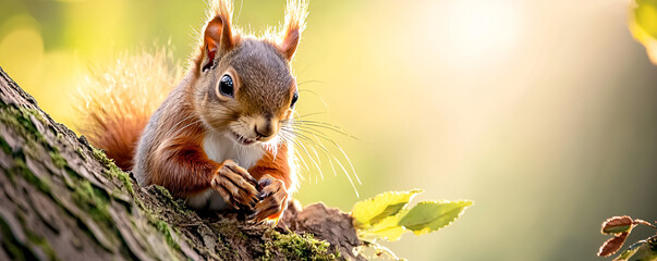 Curious squirrel holding nut on mossy tree branch