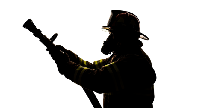 Silhouette of a firefighter holding a fire hose nozzle isolated PNG with Transparent Background