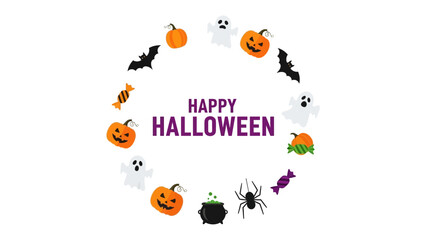 Happy Halloween Festive Graphic: A vibrant circular arrangement features iconic Halloween elements around the holiday greeting. Pumpkins, ghost, bat.
