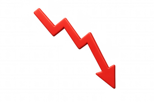Red arrow moving down symbolizing financial crisis, market decline, stock loss, and economic recession
