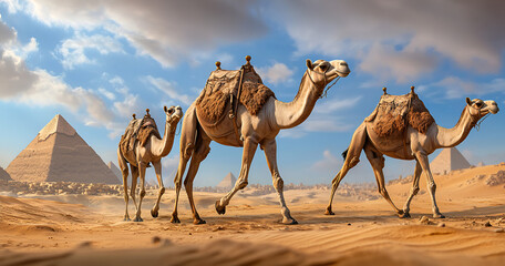 Camels traverse desert sands towards ancient Egyptian pyramids