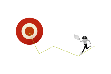 Composite photo collage of happy business girl carry laptop run promotion arrow target career freelancer isolated on painted background