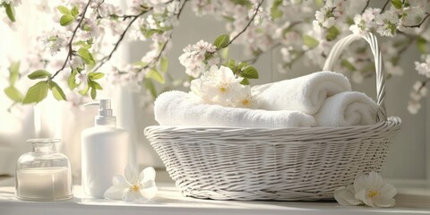 A serene bathroom scene featuring a white wicker basket filled with towels and blossoms- creating a fresh and peaceful atmosphere.