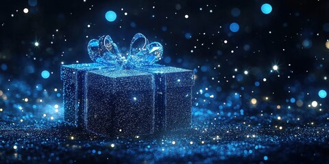 A beautifully wrapped abstract blue gift box glows with sparkling lights in a dark- magical setting- evoking a sense of wonder and celebration.