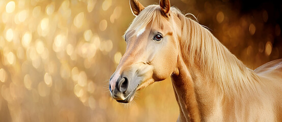 Majestic horse portrait with golden bokeh light