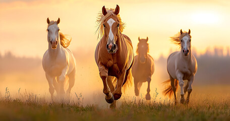 Majestic horses gallop through golden hour field