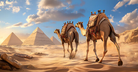 Camels trek through desert sands toward ancient pyramids.