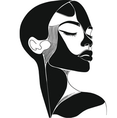 Elegant female face with closed eyes drawn in minimalist black and white abstract line art. Ideal for fashion posters, beauty branding, editorial illustrations, and modern wall decor