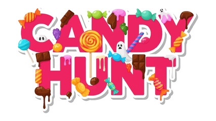 Naklejka premium Candy Hunt Illustration: A colorful and playful illustration advertising a Candy Hunt, featuring various sweets like chocolate, lollipop, and candy, creating a sweet and inviting scene.