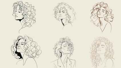 Collection of elegant female portraits with curly hairstyles drawn in modern minimal line art. Perfect for fashion design, beauty branding, posters, and editorial illustrations
