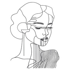 Modern abstract female face with closed eyes drawn in continuous black line art. Perfect for fashion branding, beauty illustration, minimalist posters, and contemporary wall decor