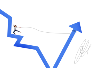 Composite photo collage of happy girl catch rope promotion arrow success determination energy career isolated on painted background