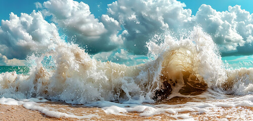Powerful ocean wave crashing onto sandy beach with dramatic clouds