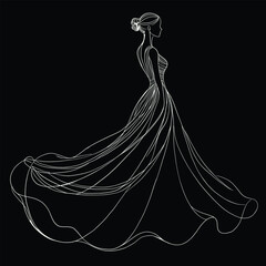Graceful bride illustration in a long flowing gown created in white continuous line art on black background. Ideal for wedding design, invitations, fashion branding, and luxury artwork
