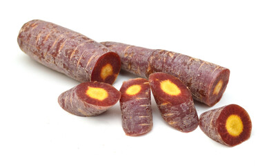 Bunch of fresh organic rainbow carrots isolated on white