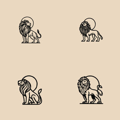 Minimalist lion logo set in clean black line art style on beige background. Ideal for branding, tattoos, luxury design, wildlife, or zodiac Leo themes