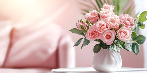 Soft pink roses in vase evoke romance, elegance, and beauty