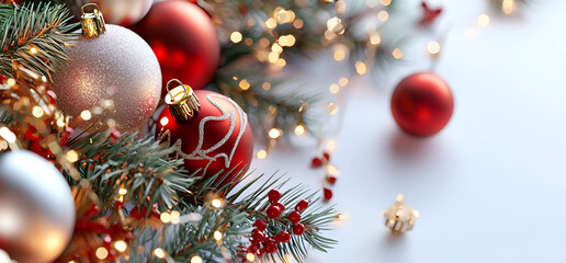 Sparkling Christmas ornaments and fairy lights glow warmly