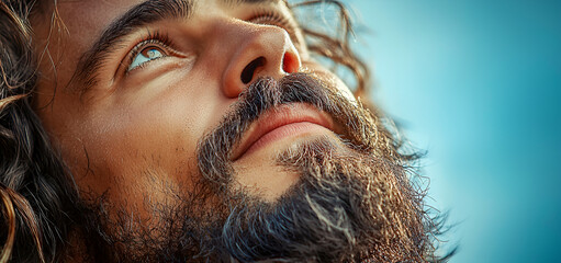 Man looking up, seeking inspiration, hopeful gaze, close-up