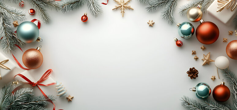 Festive Christmas frame with ornaments, gifts, and pine branches - Powered by Adobe