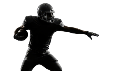 Silhouette of American football quarterback throwing ball on white background