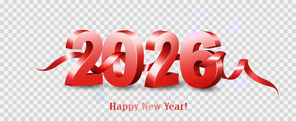 Merry Christmas and Happy New Year 2024. Red 3D numbers with red ribbon on transparent background. Festive realistic design. Holiday party 2024 web poster. Vector