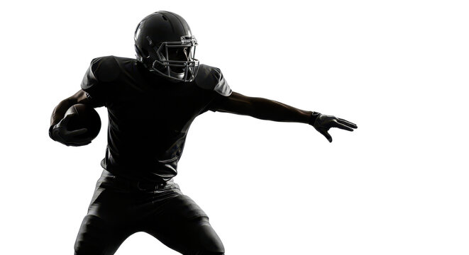 Silhouette of American football quarterback throwing ball on white background